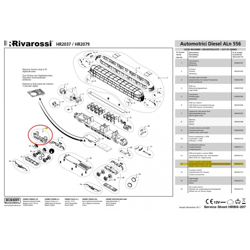RIVAROSSI SPARE PART ALN556 HR2037 - MOTORIZED TROLLEY COVER H0 HR2037 / 13
