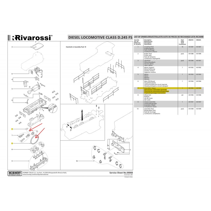 RIVAROSSI REPLACEMENT BELT AND GEARS D250 2001 ART. HS1595