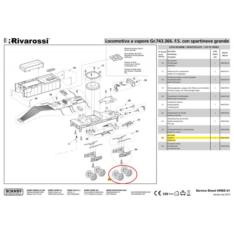 RIVAROSSI RICAMBIO SET RUOTE CARRELLO TENDER  GR 743 366 FS  ART. HR2275/25
