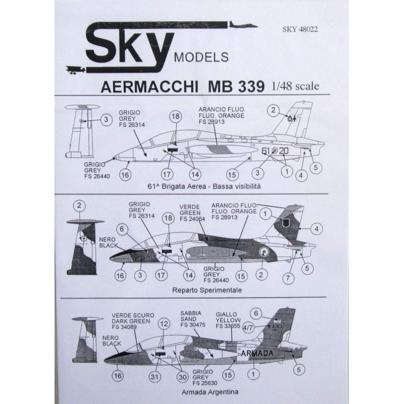 S.M. Sky Models 1/48 48022 Set di Decalcomanie AERMACCHI MB339 Scala 1/48 frecce tricolori